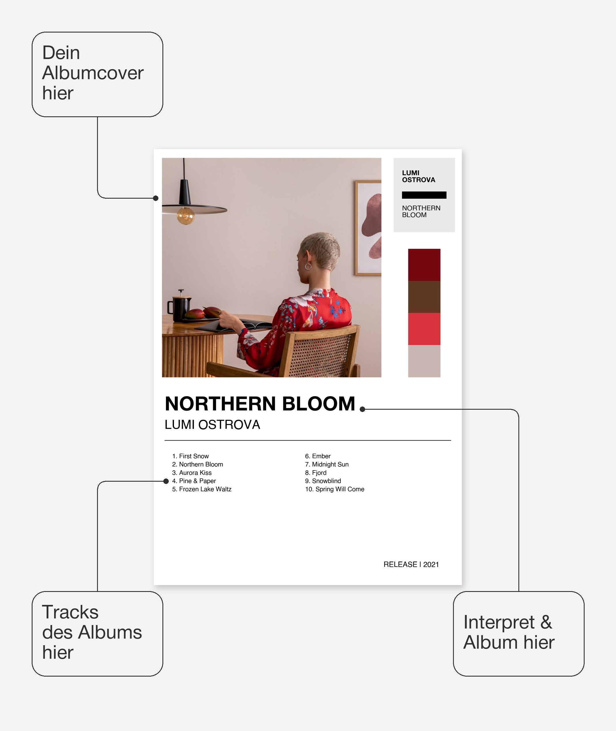 Personalisiertes Album-Poster mit Cover und Trackliste, Design 2 – Cover, Interpret, Albumtitel und Trackliste frei wählbar