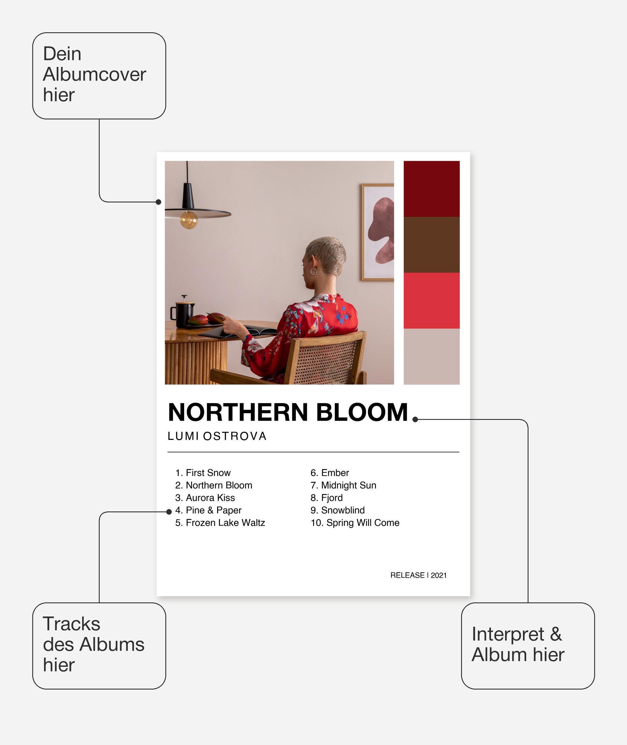 Personalisiertes Album-Poster mit Cover und Trackliste, Design 2 – Cover, Interpret, Albumtitel und Trackliste frei wählbar