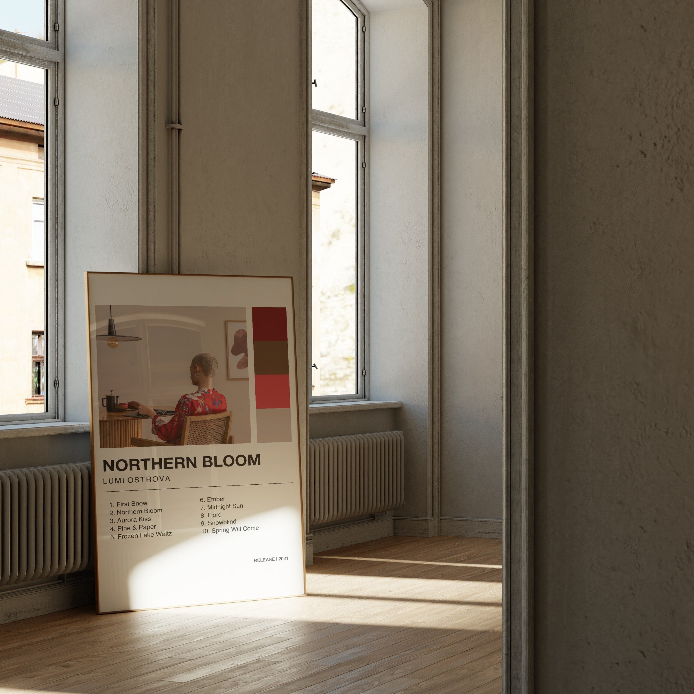 Personalisiertes Album-Poster mit Cover und Trackliste, Design 2 – im Wohnzimmer