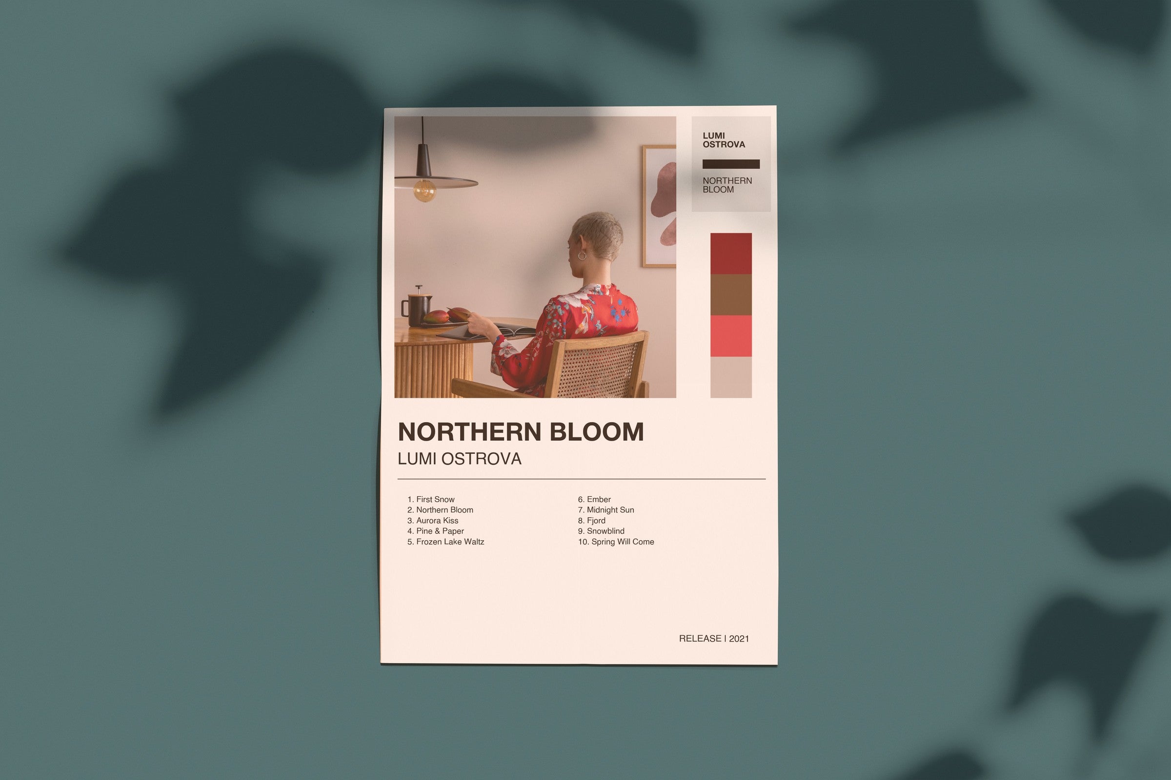 Personalisiertes Album-Poster mit Cover und Trackliste, Design 2 – Raumansicht