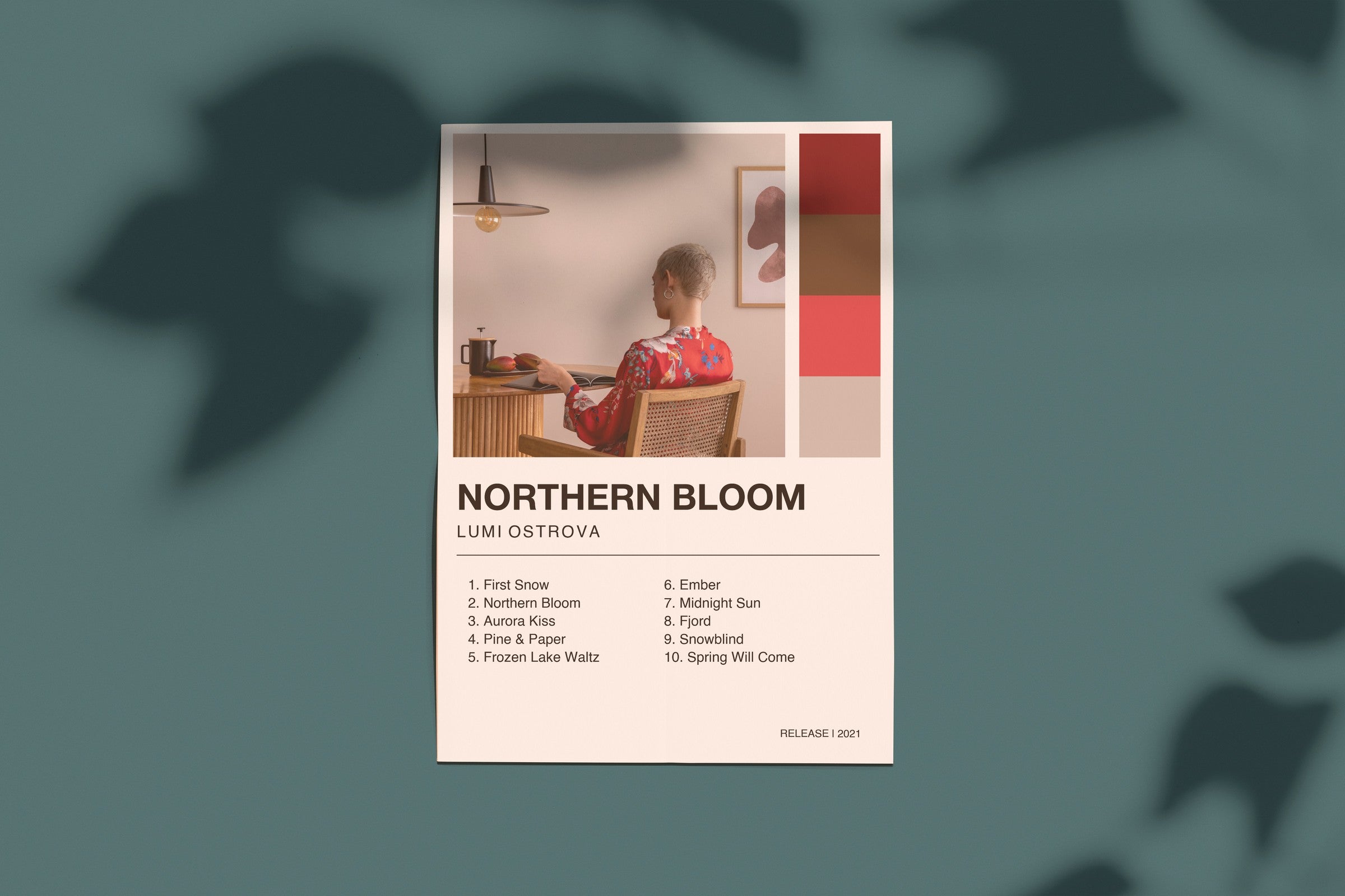 Personalisiertes Album-Poster mit Cover und Trackliste, Design 2 – Raumansicht