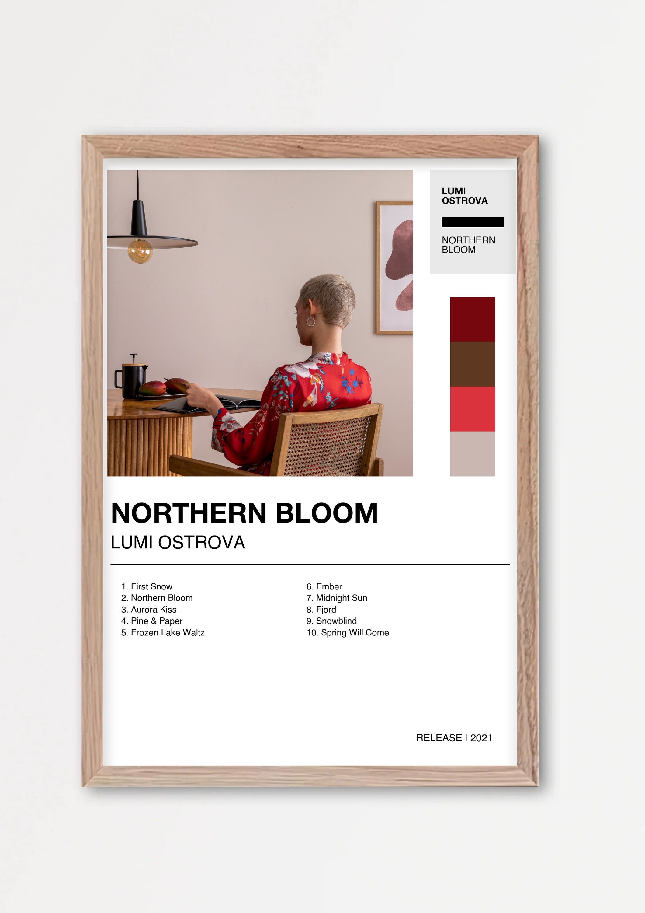 Personalisiertes Album-Poster mit Cover und Trackliste, Design 2 – Echtholzrahmen Natur