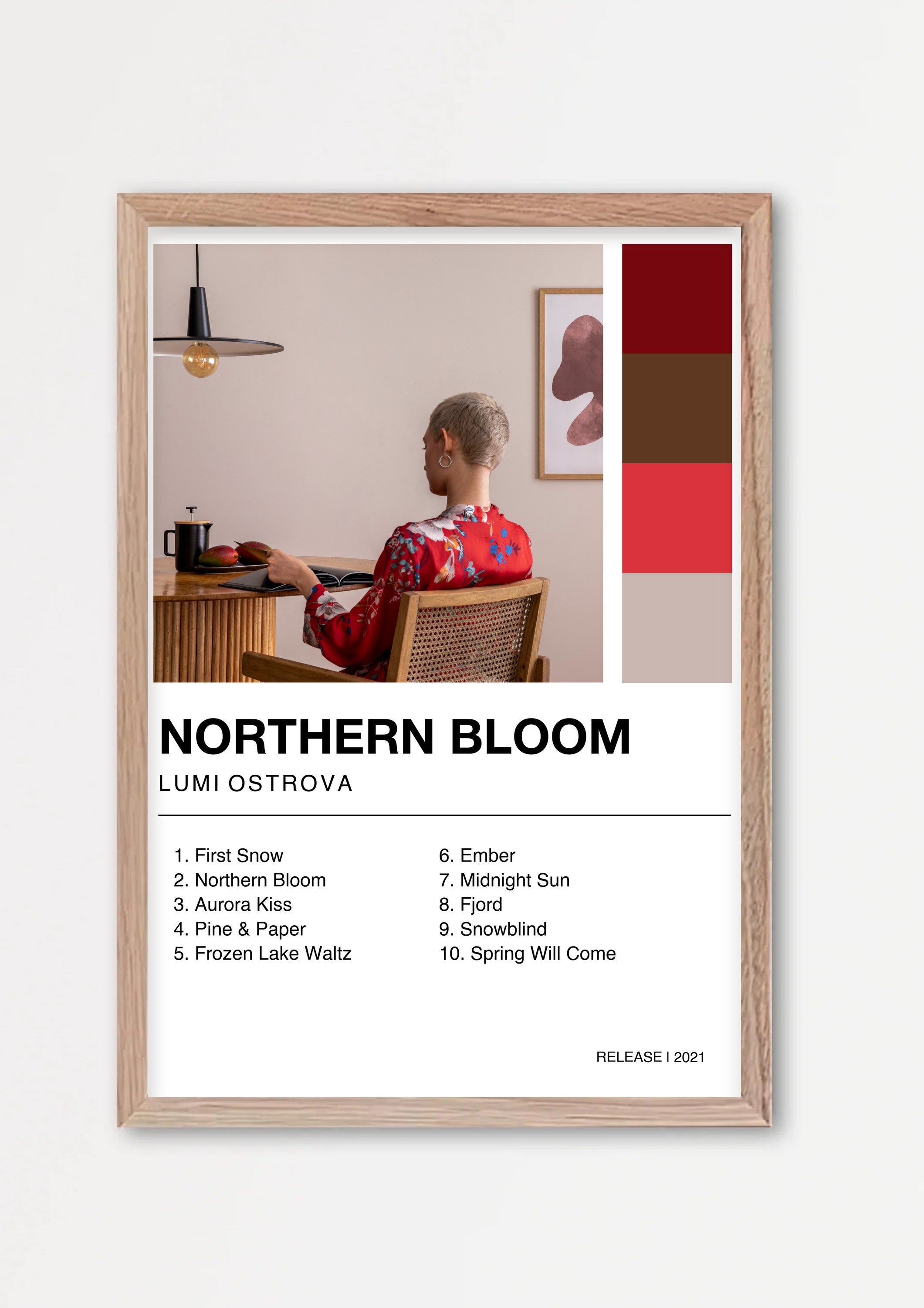 Personalisiertes Album-Poster mit Cover und Trackliste, Design 2 – Echtholzrahmen Natur