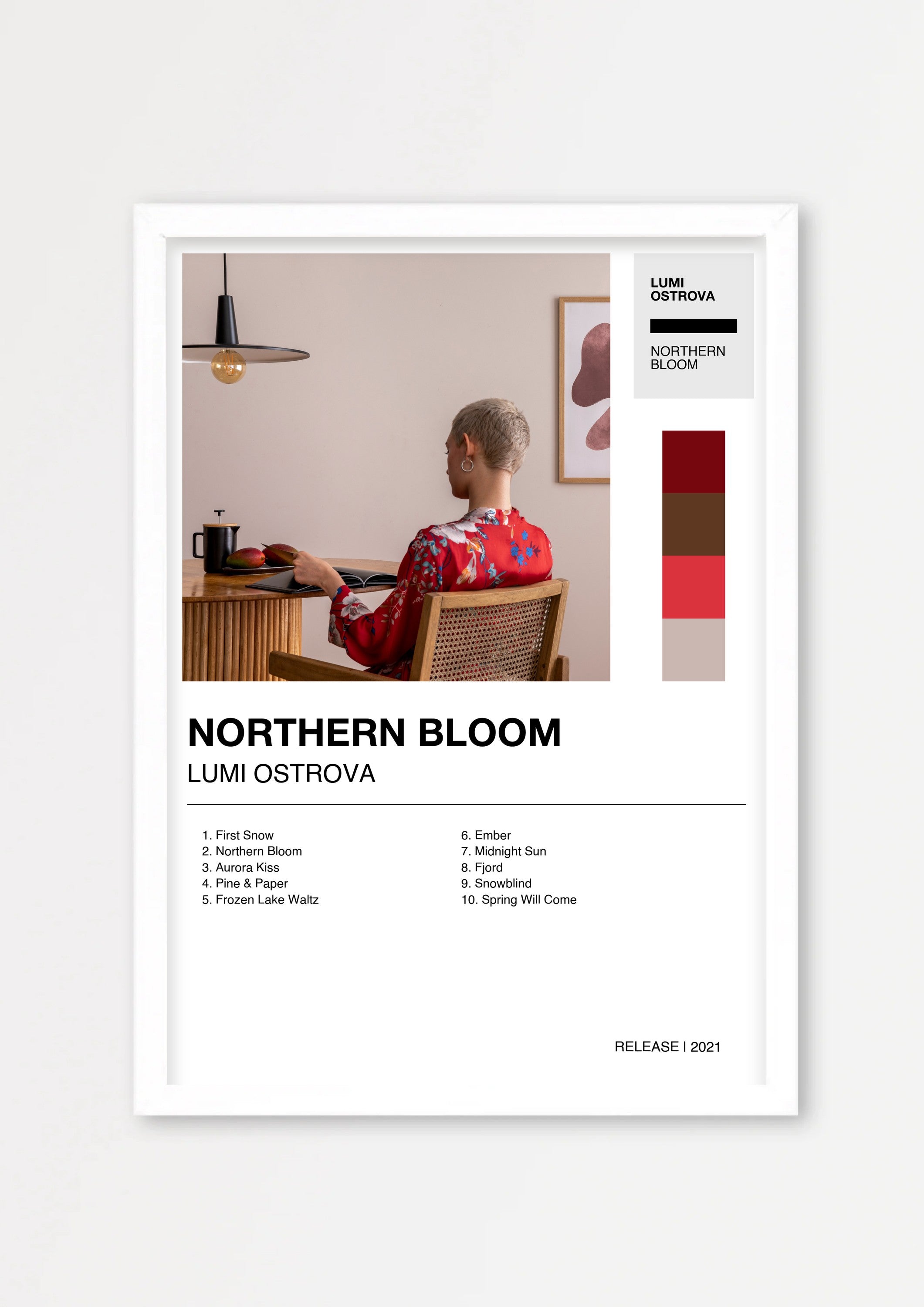 Personalisiertes Album-Poster mit Cover und Trackliste, Design 2 – Echtholzrahmen Weiß