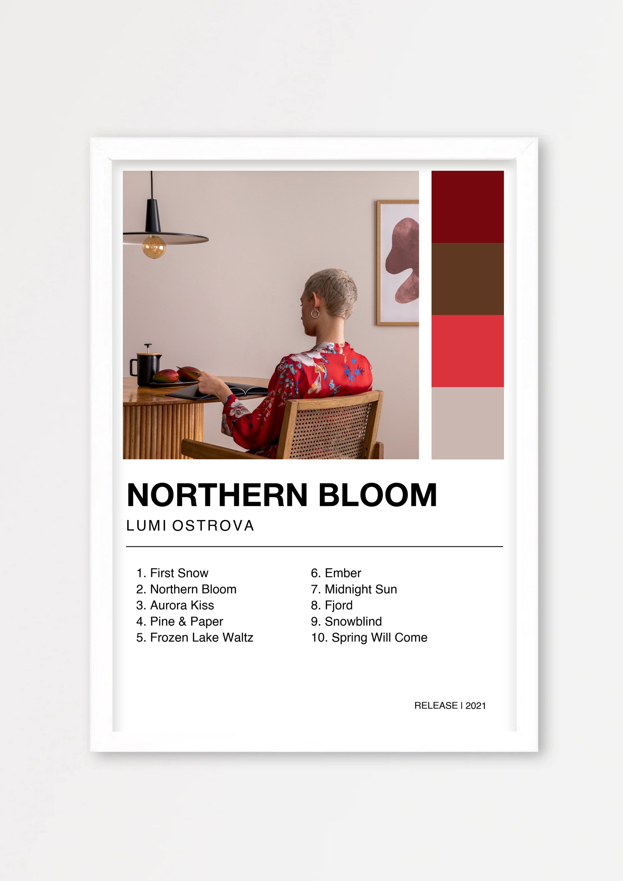 Personalisiertes Album-Poster mit Cover und Trackliste, Design 2 – Echtholzrahmen Weiß