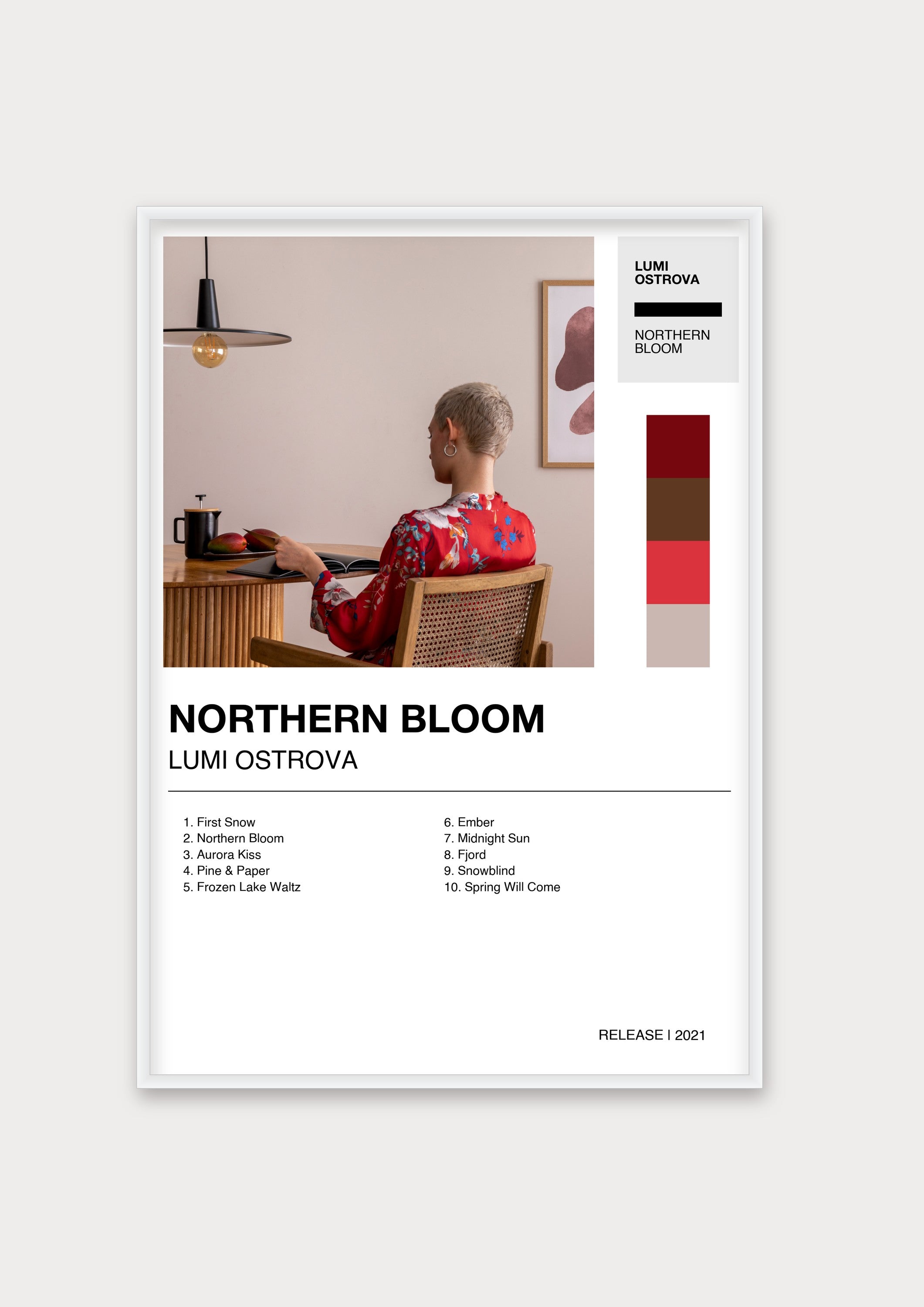Personalisiertes Album-Poster mit Cover und Trackliste, Design 2 – Aluminiumrahmen Weiß