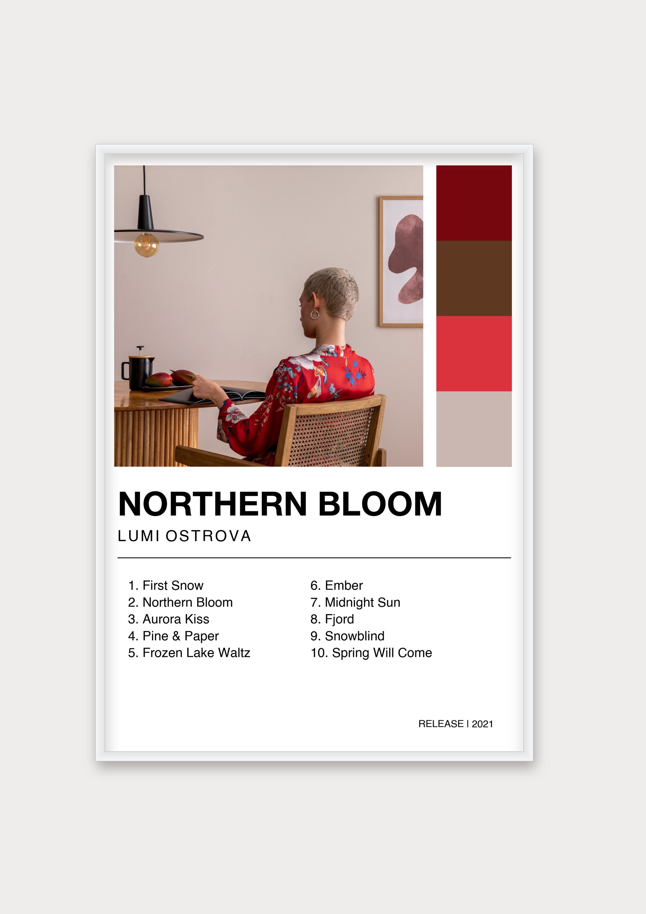 Personalisiertes Album-Poster mit Cover und Trackliste, Design 2 – Aluminiumrahmen Weiß