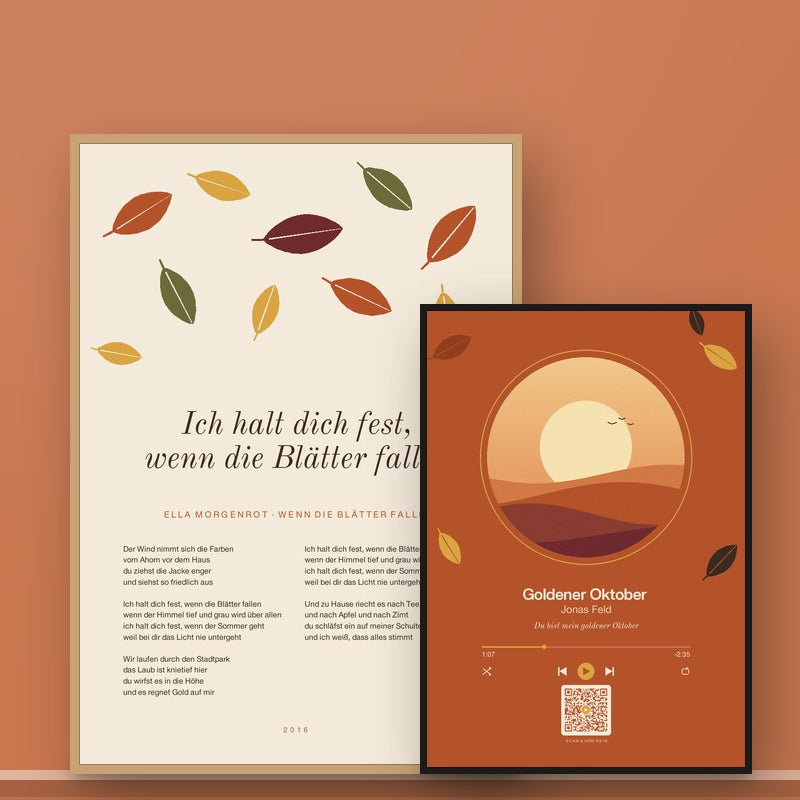 Herbstlicht – zwei Herbstposter an rostroter Wand