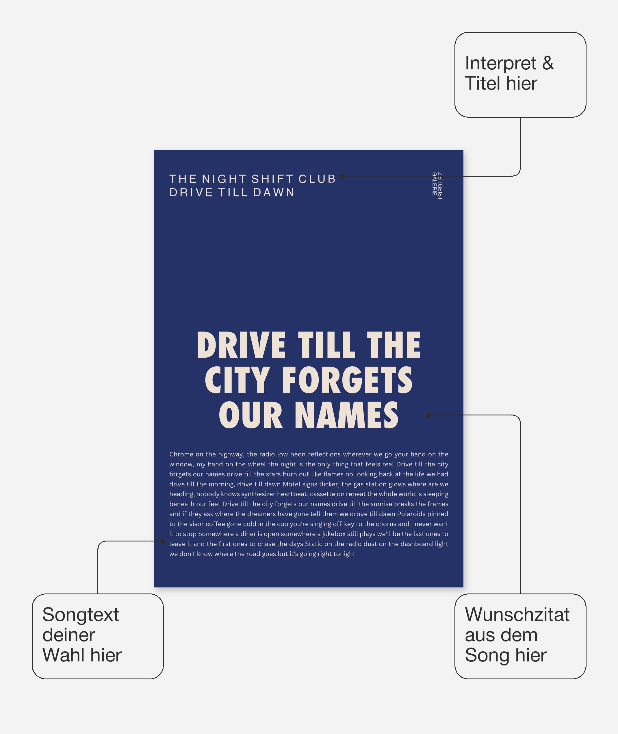 Personalisiertes Songtext-Poster mit Wunschzitat, Design 13 in Dunkelblau – Songtext, Interpret und Titel frei wählbar
