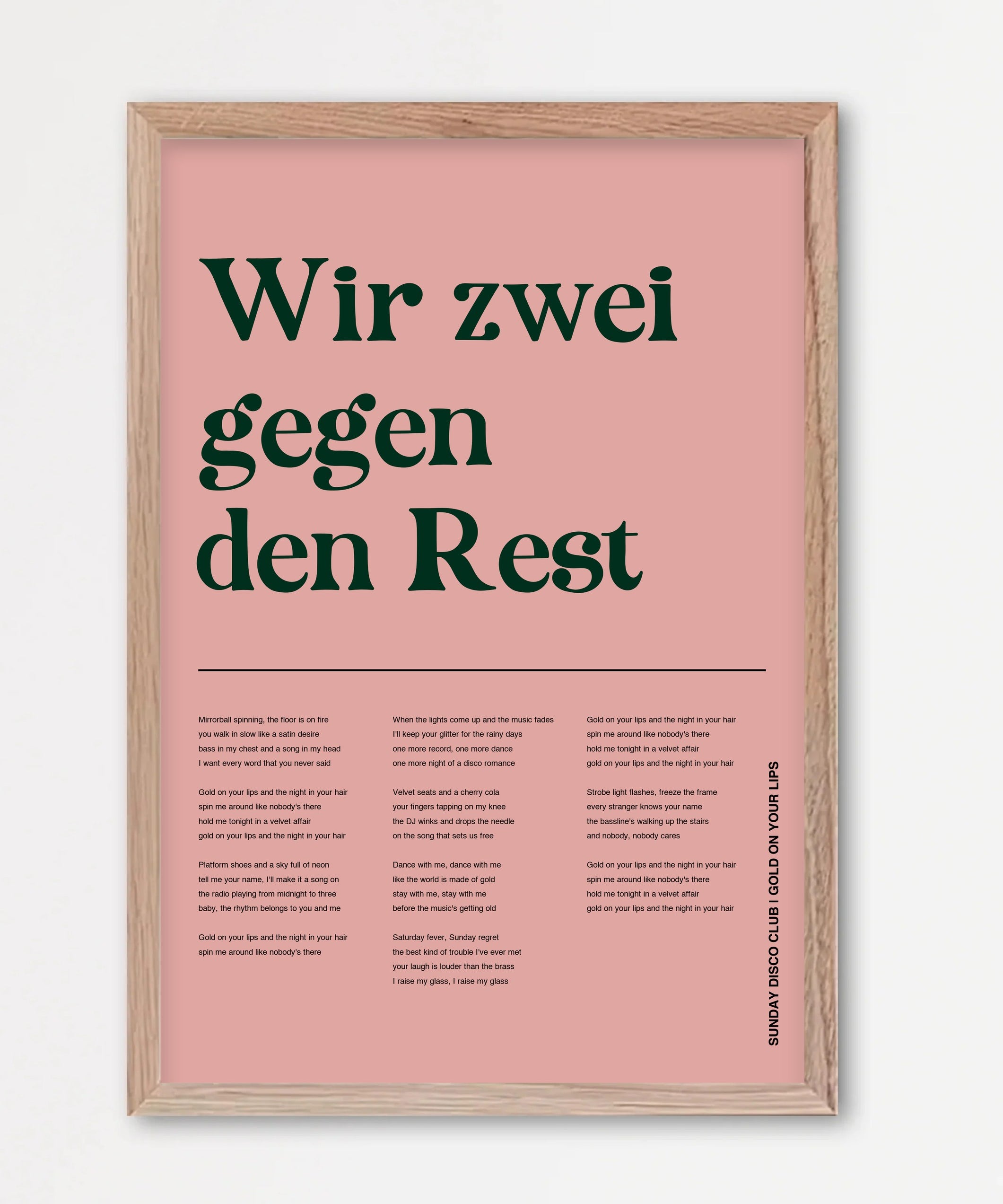 Personalisiertes Songtext-Poster mit Wunschzitat, Design 2 in Rosa – Echtholzrahmen Natur