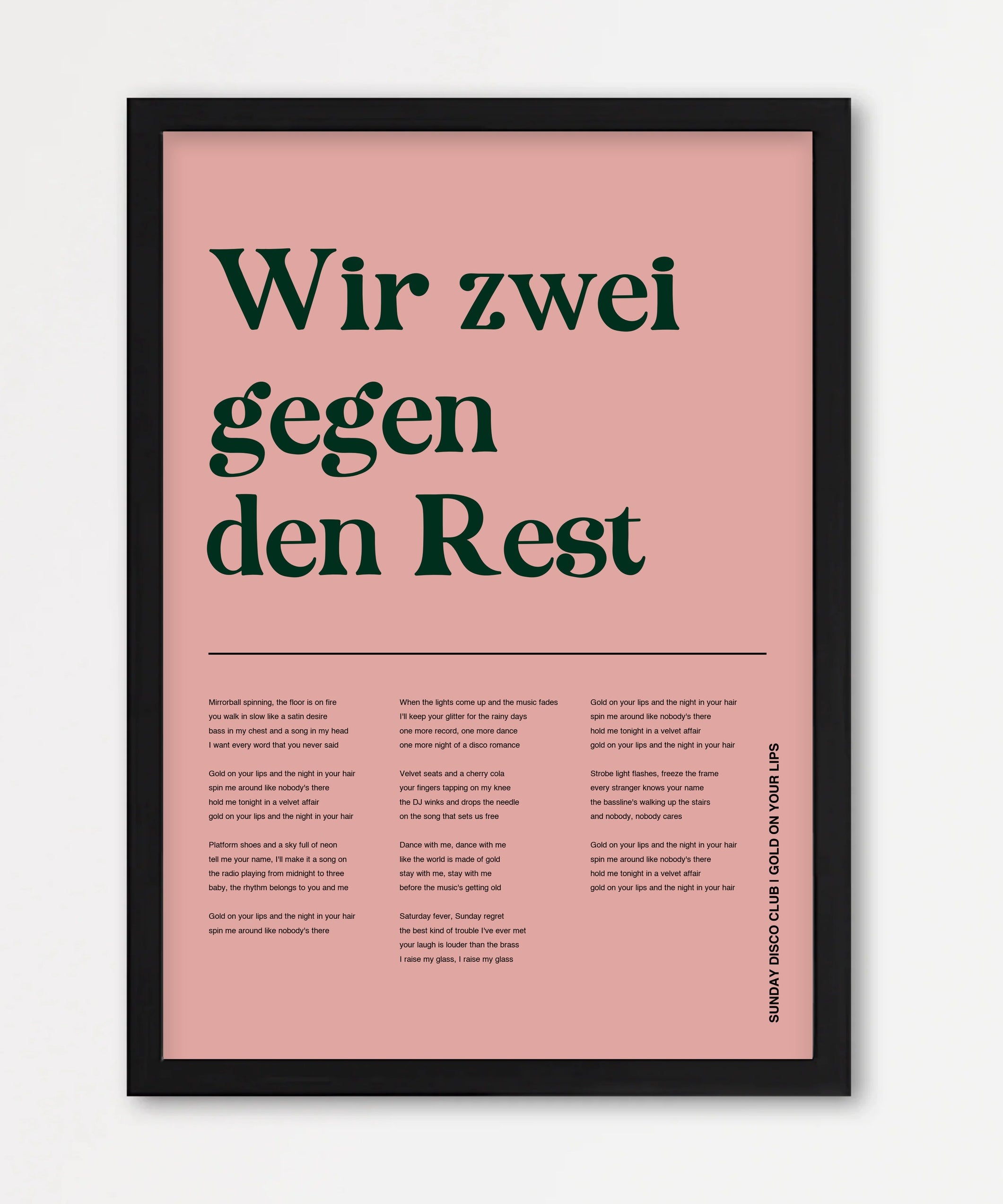 Personalisiertes Songtext-Poster mit Wunschzitat, Design 2 in Rosa – Echtholzrahmen Schwarz