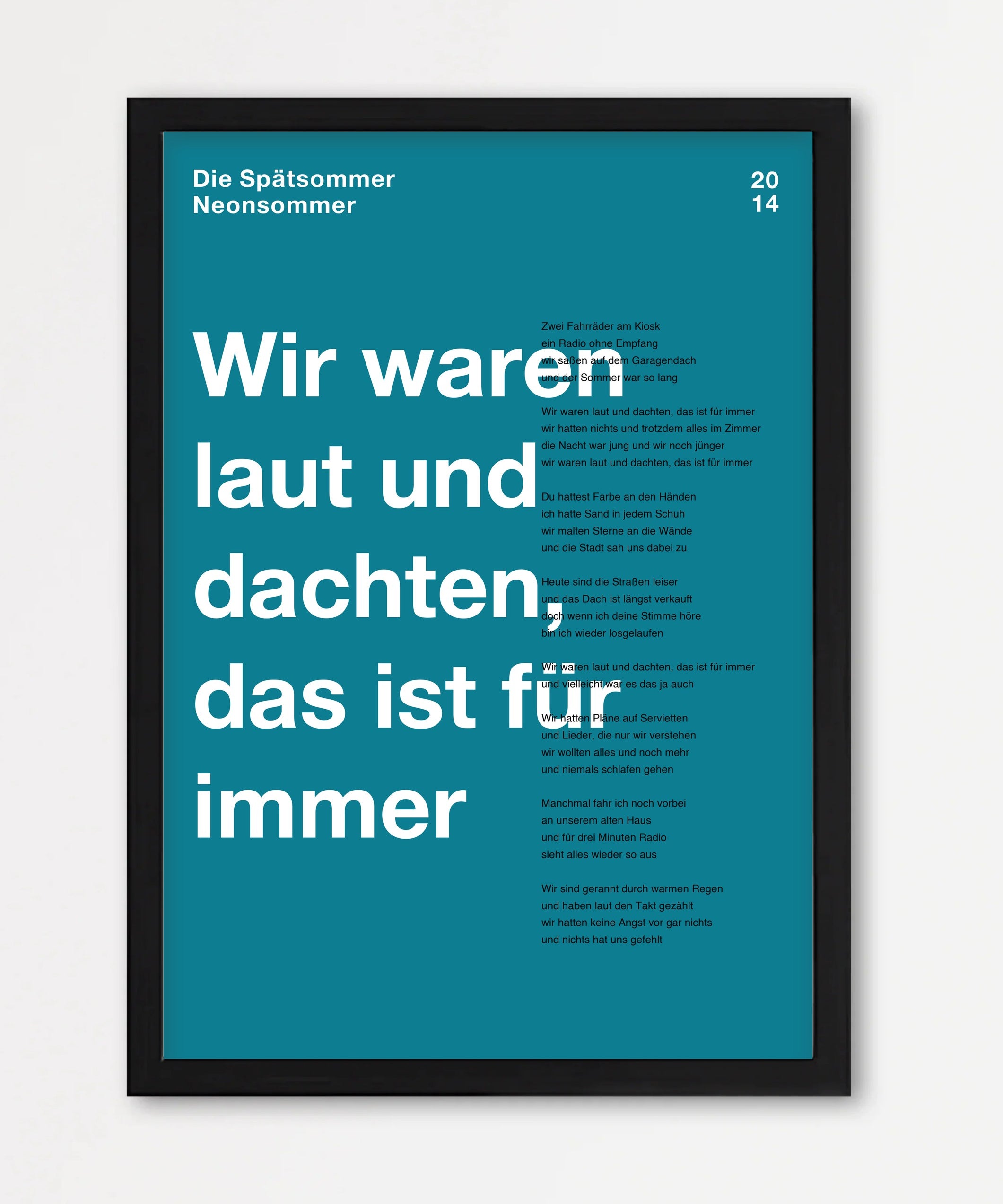 Personalisiertes Songtext-Poster mit Wunschzitat, Design 3 in Türkis – Echtholzrahmen Schwarz
