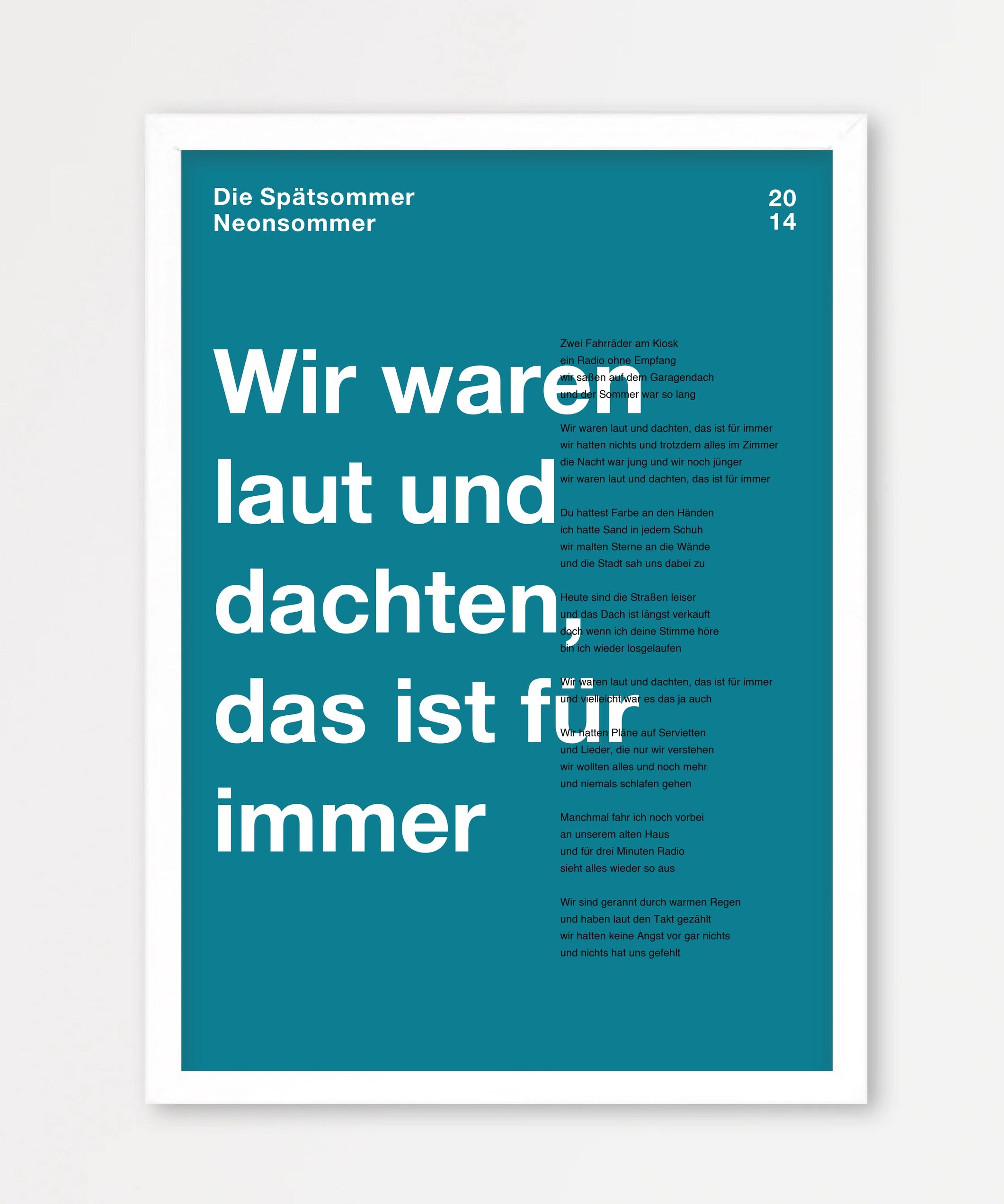 Personalisiertes Songtext-Poster mit Wunschzitat, Design 3 in Türkis – Echtholzrahmen Weiß