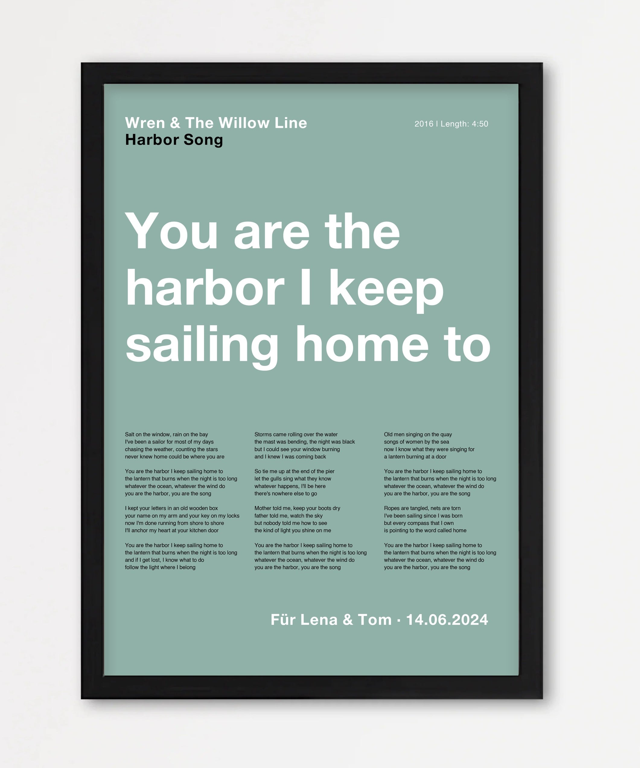 Personalisiertes Songtext-Poster mit Wunschzitat, Design 4 in Grün – Echtholzrahmen Schwarz