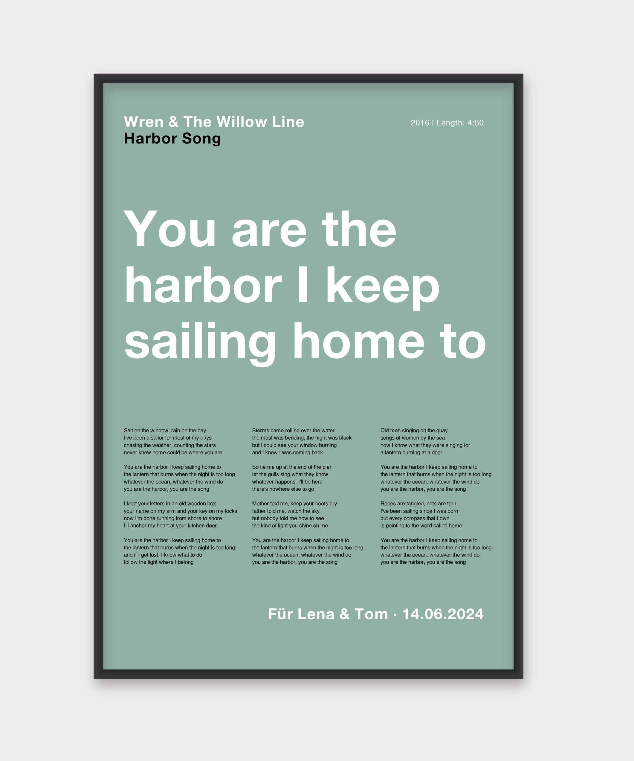 Personalisiertes Songtext-Poster mit Wunschzitat, Design 4 in Grün – Aluminiumrahmen Schwarz