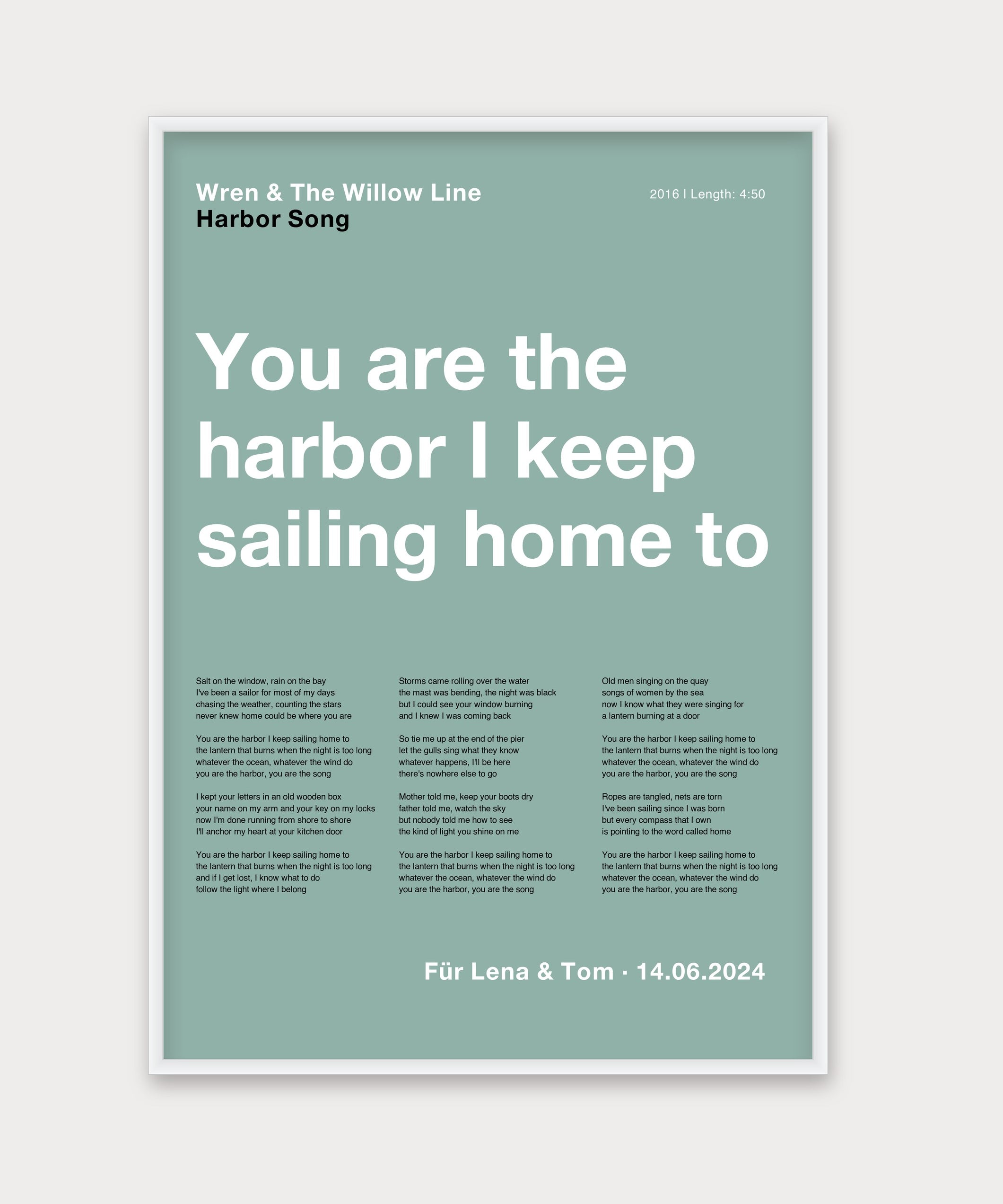 Personalisiertes Songtext-Poster mit Wunschzitat, Design 4 in Grün – Aluminiumrahmen Weiß
