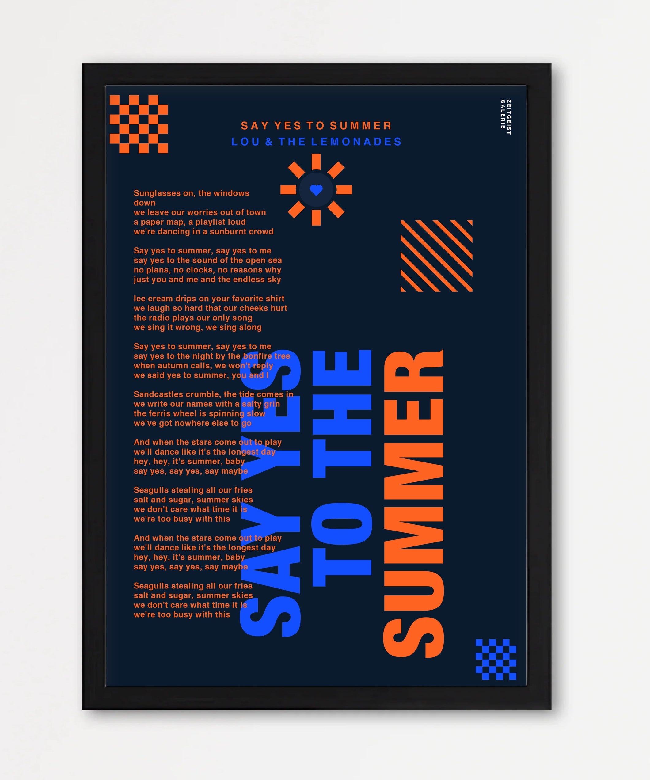Personalisiertes Songtext-Poster mit Wunschzitat, Design 7 in Dunkelblau – Echtholzrahmen Schwarz