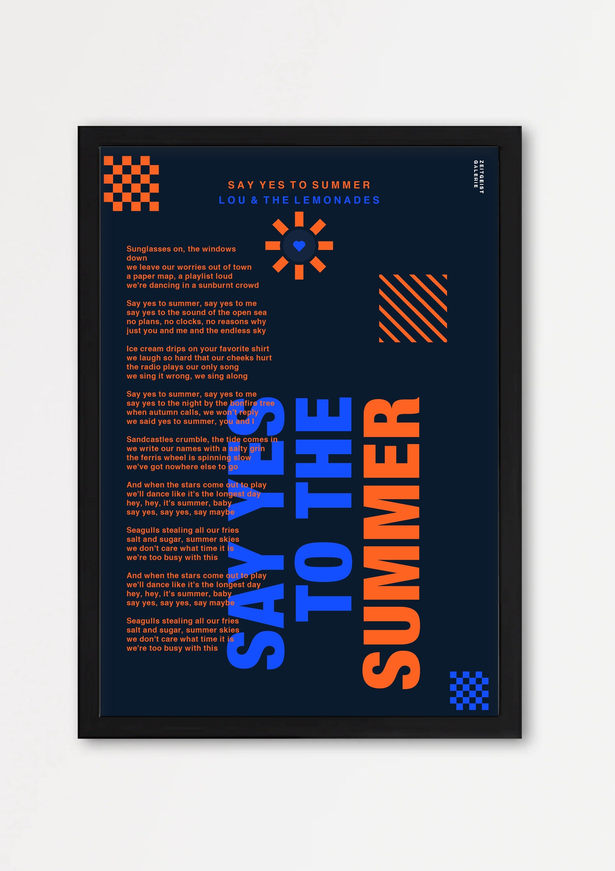 Personalisiertes Songtext-Poster mit Wunschzitat, Design 7 in Dunkelblau – Echtholzrahmen Schwarz