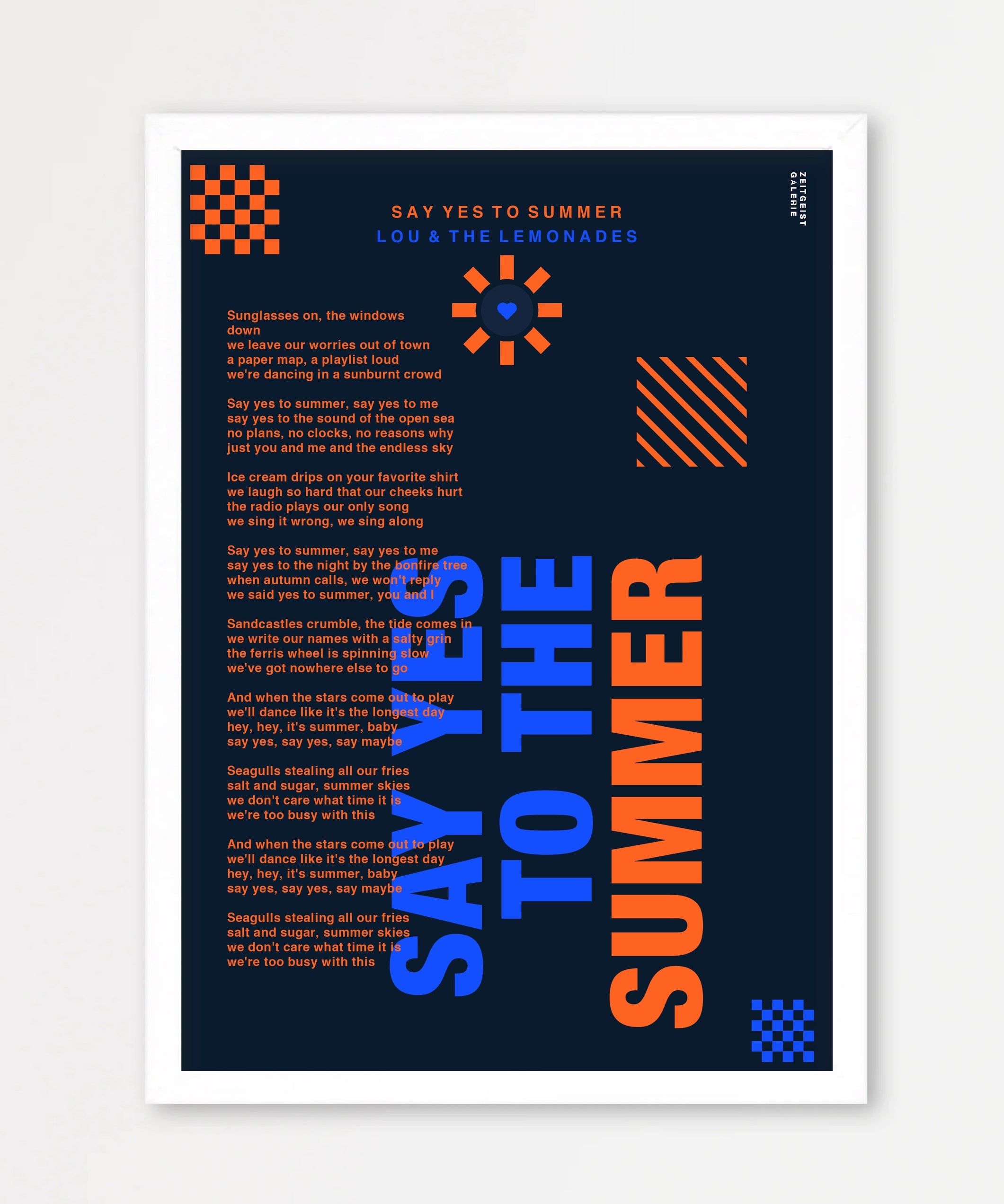 Personalisiertes Songtext-Poster mit Wunschzitat, Design 7 in Dunkelblau – Echtholzrahmen Weiß