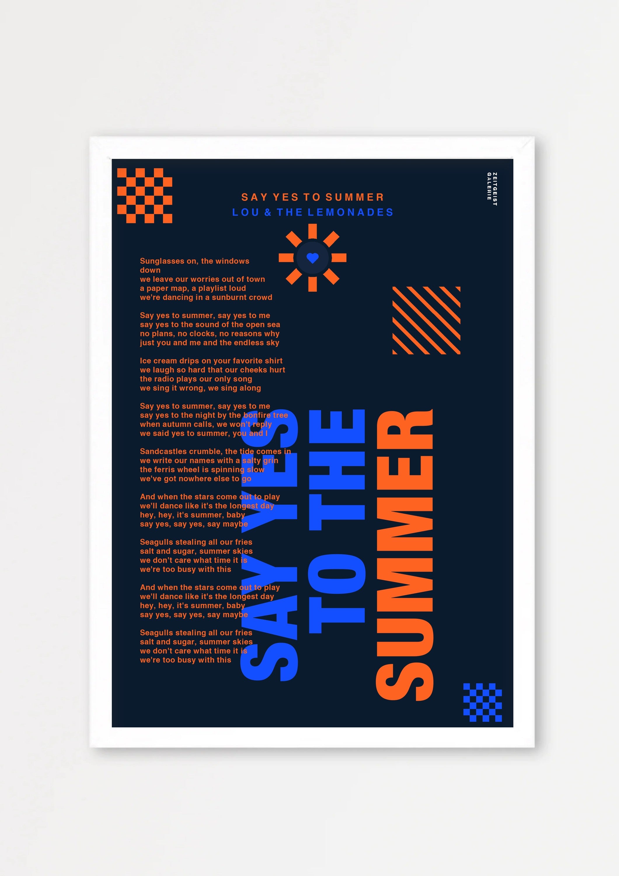 Personalisiertes Songtext-Poster mit Wunschzitat, Design 7 in Dunkelblau – Echtholzrahmen Weiß