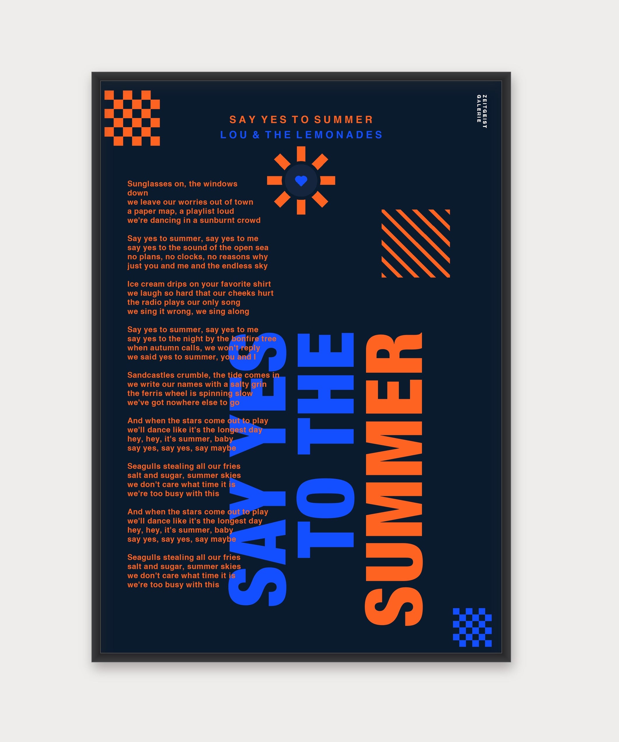 Personalisiertes Songtext-Poster mit Wunschzitat, Design 7 in Dunkelblau – Aluminiumrahmen Schwarz