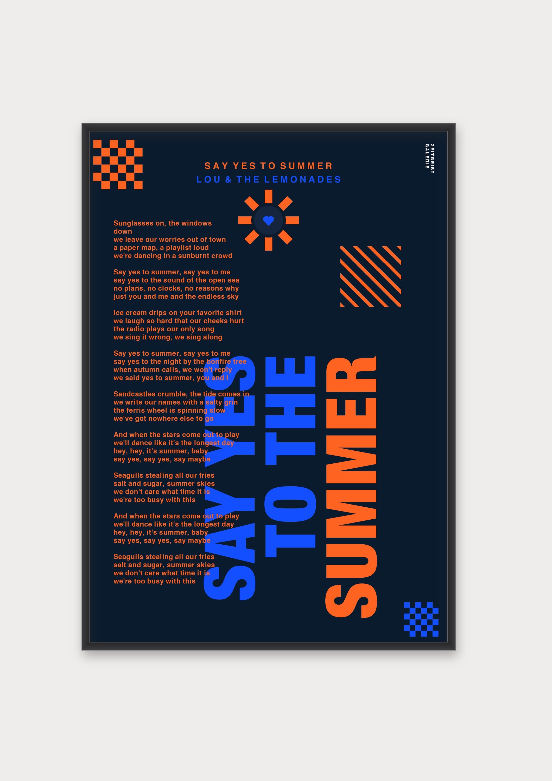 Personalisiertes Songtext-Poster mit Wunschzitat, Design 7 in Dunkelblau – Aluminiumrahmen Schwarz