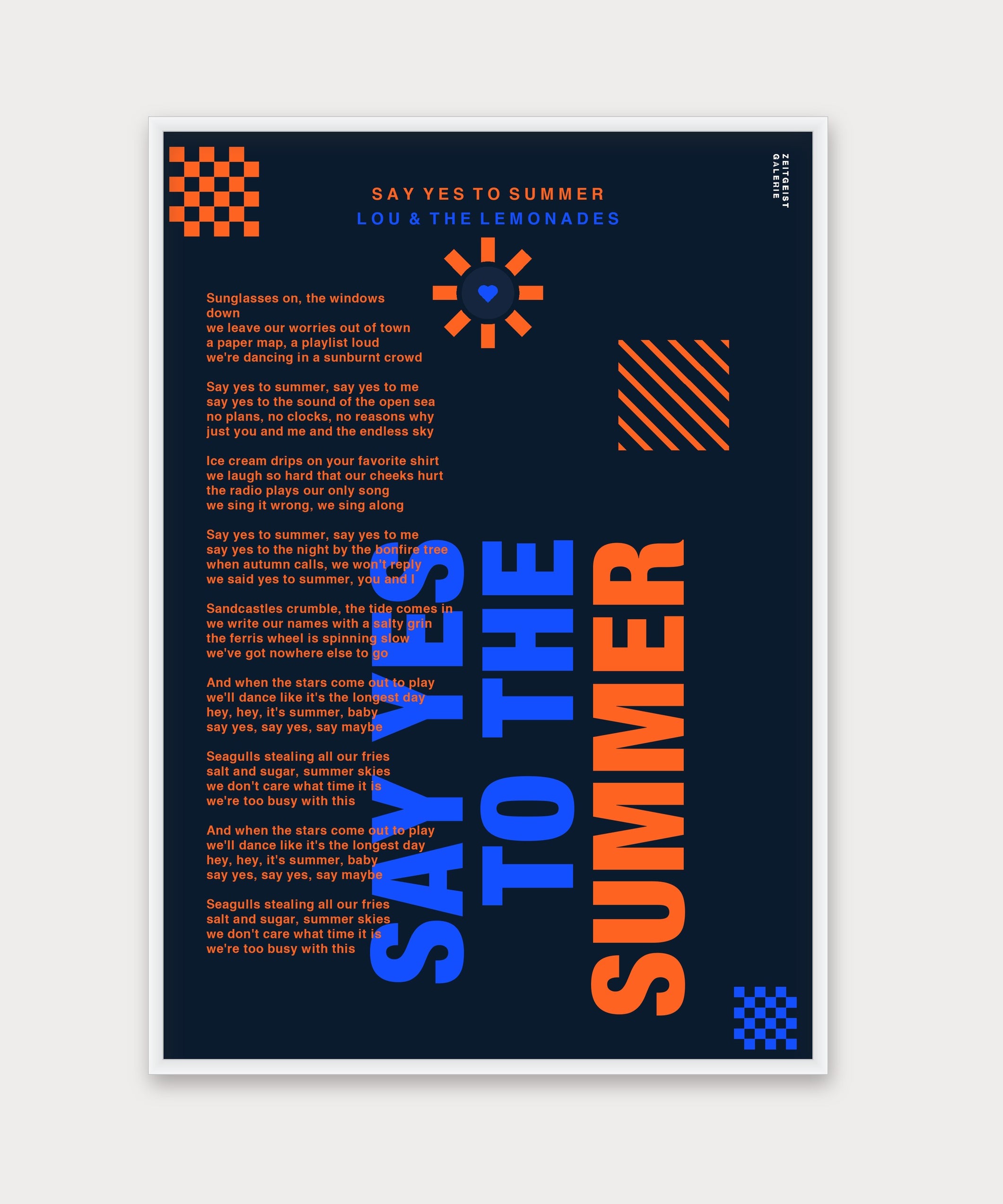 Personalisiertes Songtext-Poster mit Wunschzitat, Design 7 in Dunkelblau – Aluminiumrahmen Weiß